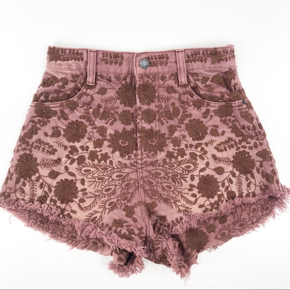 FREE PEOPLE HI RISE FLORAL EMBROIDERED SHORTS 25